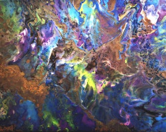 Pandora - 12x16 abstraktes Gemälde mit biolumineszierenden blauen, grünen und violetten Wirbeln, inspiriert von der Schönheit aus einer anderen Welt.