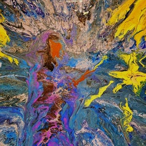 May include: Abstract acrylic painting with a dynamic composition. The artwork features a blend of colors, including yellow, blue, pink, and brown, creating a sense of movement and depth. The style is fluid and expressive, with a focus on color and texture.