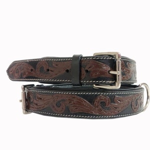 Shwaan Genuine Tooled Leather Dog Collar Floral Pattern handmade hand tooled Dog Collar with Pet Lease Happy Christmas Day Gift