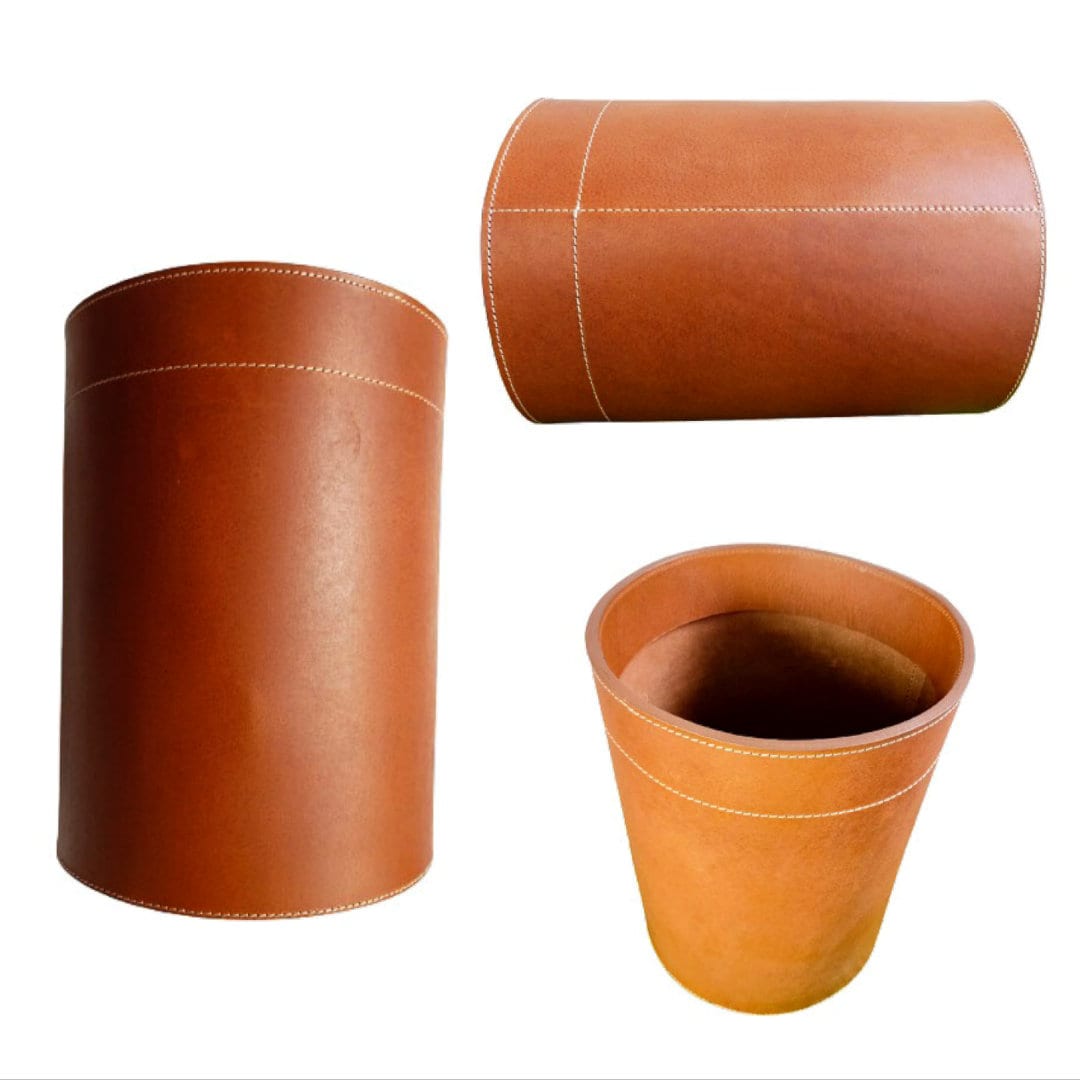 Shwaan Cylindrical Round Leather Trash Can harness Leatherdustbin