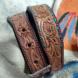 Shwaan Genuine Tooled Leather Dog Collar Floral Pattern |Handmade Dog Collar Handtooled, Adjustable Western Dog Collar Easter Gift