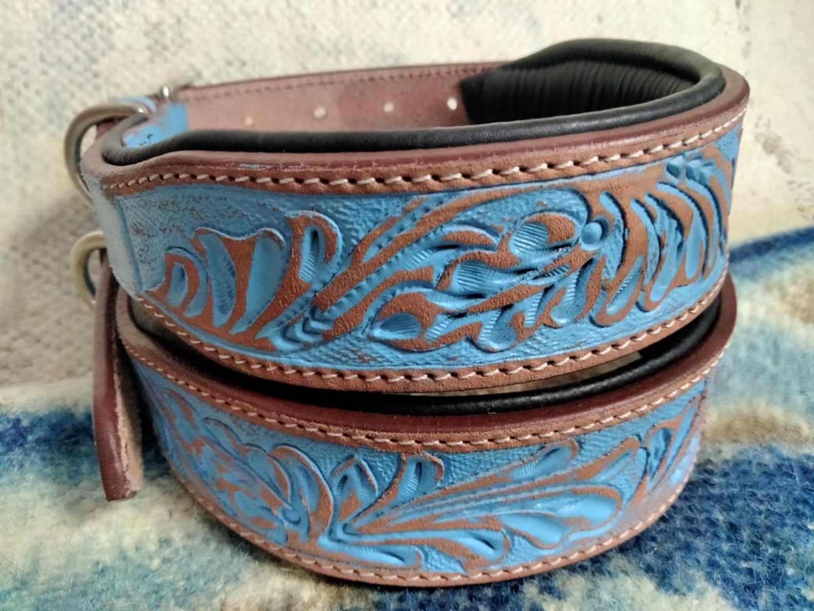 Shwaan Genuine Tooled Leather Dog Collar Blue Floral Pattern Etsy