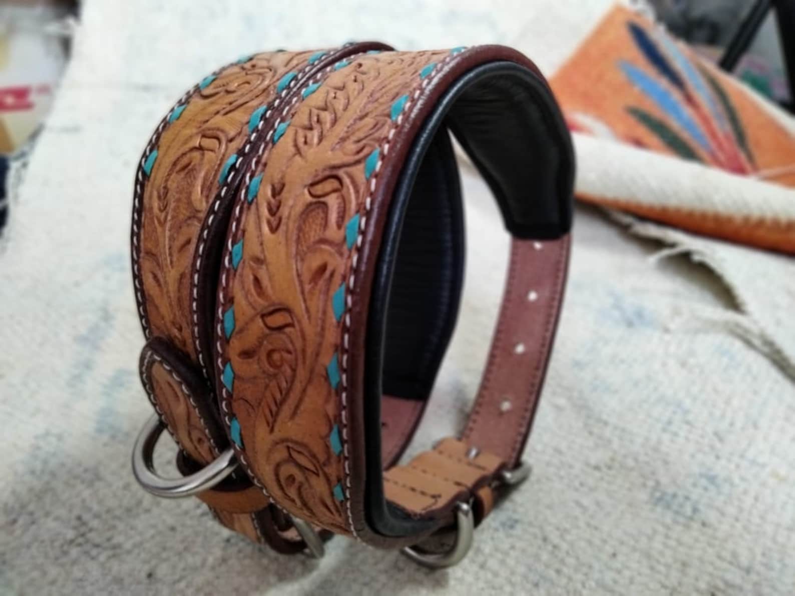 Shwaan Genuine Tooled Leather Dog Collar Floral Pattern Etsy