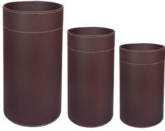 Shwaan Cylindrical Round Leather Trash Can Harness Leather Handmade Office Bin Home Multipurpose Leather Storage Bin Set of 3 Sizes,Easter