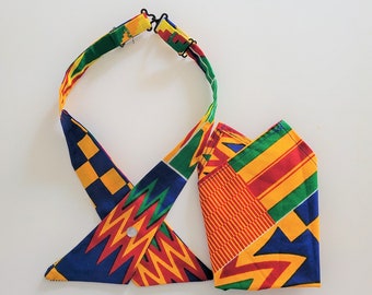 Blue, Yellow, Red Tie and Pocket Square Set | Wedding Tie | Continental Tie | Crossover Tie