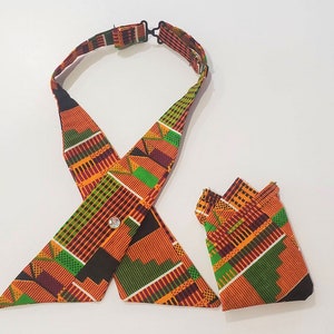 Orange, Green, Black Kente Tie and Pocket Square | Wedding Tie | Continental Tie | Crossover Tie