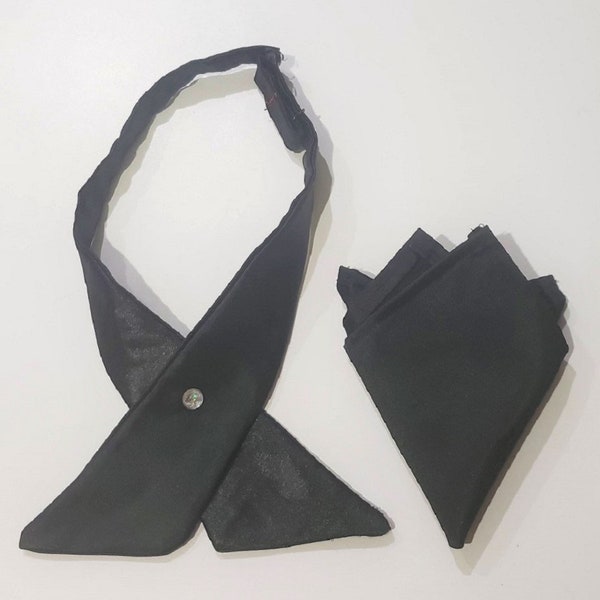 Black Satin Tie and Pocket Square Set | Wedding Tie | Continental Tie | Crossover Tie