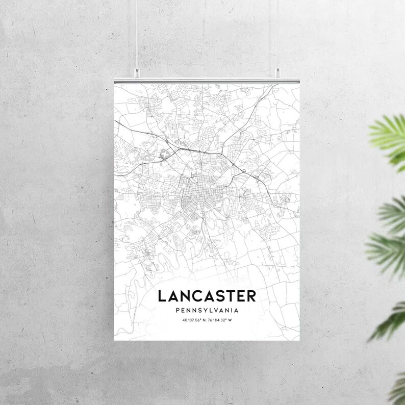 Lancaster Map Print Lancaster Map Poster Wall Art Pa United Etsy