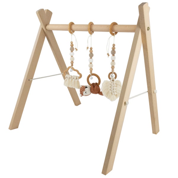 Spieltrapez Spielbogen Baby gym holz mit Anhänger Set gehäkelt Fuchs Malu Makramee beige Montessori mallilu®