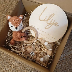 MALU Rassel Greifling mit gehäkeltem Fuchs *personalisiert mit Namen* Geschenk-Set