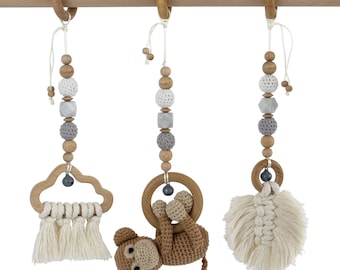 3 arcos de juego / trapecio gimnasio colgante mono Charlie macramé gris, juego de 3 juguetes para gimnasio de bebé hecho de madera tejida a ganchillo mallilu®