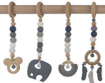 Mallilu® *Leo Grey* Arco de juego/Trapecio colgante, juego de juguetes de madera para gimnasio de bebé