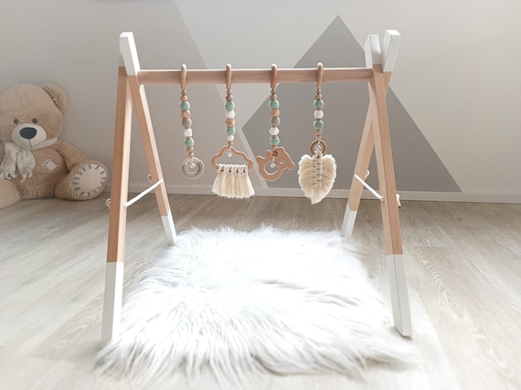 Lucknel Montessori Spielbogen Baby - Holz Gym Mit Spielzeugen & Waschbarer Matte