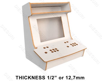 May include: A white arcade cabinet with a brown top shelf and a screen. The cabinet has a control panel with buttons and a joystick. The text "THICKNESS 1/2" or 12,7mm" is printed below the cabinet.