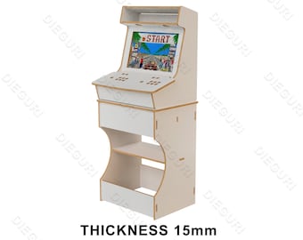 Könnte beinhalten: Ein weißer Arcade-Schrank aus Holz mit einem Retro-Videospielbildschirm, auf dem das Wort "START" angezeigt wird. Der Schrank hat ein Regal und ist 15 mm dick.