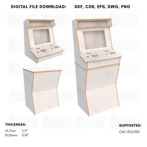 Puede incluir: Se muestran tres diseños de gabinetes de arcade blancos con un borde marrón claro. Los gabinetes tienen un área de pantalla, una disposición de botones y un voladizo superior. El texto en la parte superior dice "DESCARGA DE ARCHIVO DIGITAL: DXF, CDR, EPS, DWG, PNG". El grosor es de 12,7 mm y 19,05 mm.