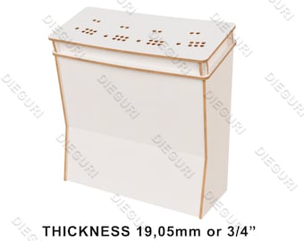 Könnte beinhalten: Weißer Holzschrank mit einer oberen Platte mit einem Gitter aus kleinen Löchern. Der Schrank ist 3/4 Zoll dick und hat eine abgerundete Vorderkante.  THICKNESS 19,05mm or 3/4"
