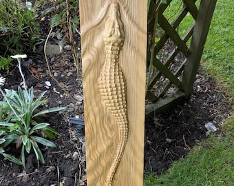 Carved Wooden Crocodile, Natural Wood Carving, Wall Decor
