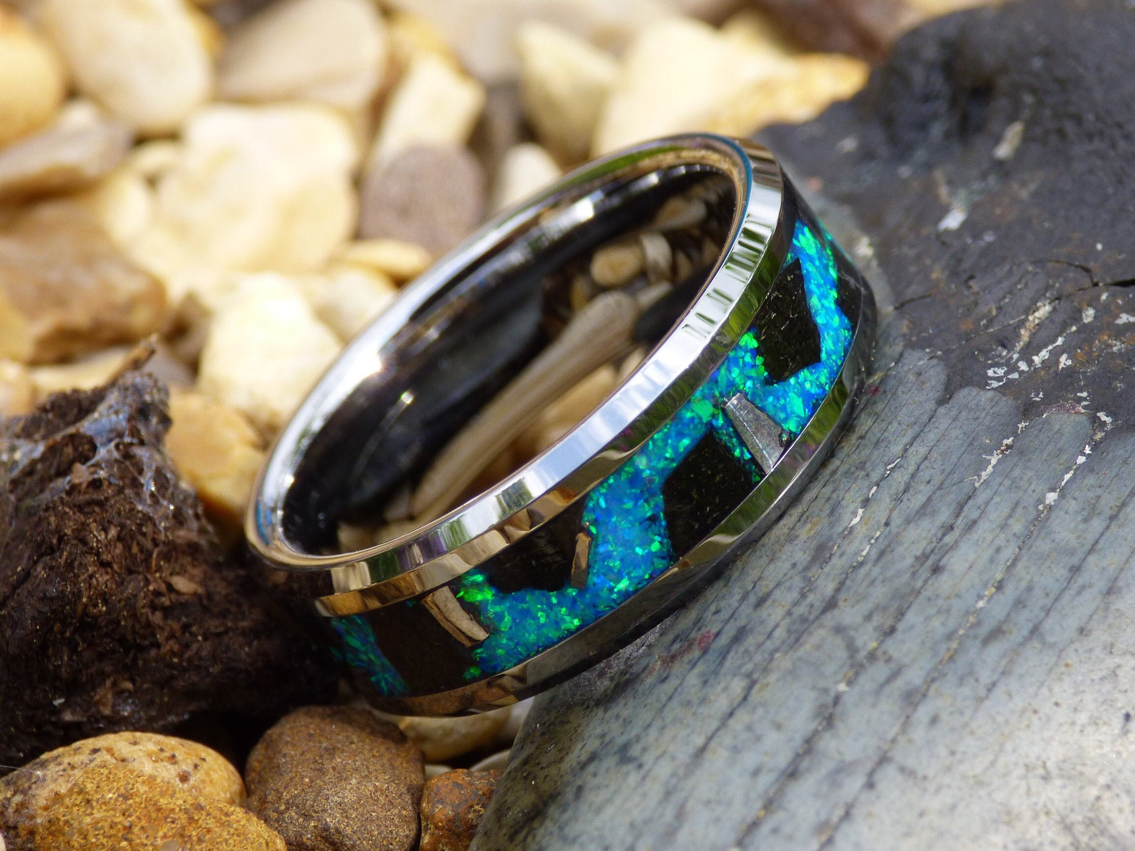 Megalodon Tooth and Meteorite Tungsten Ring With Blue Opal