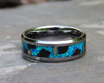 Megalodon Tooth and Meteorite Tungsten Ring With Blue Opal