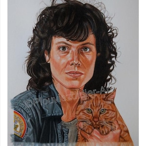 Ellen Ripley with Jones - Alien- Zeichnung (Druck)