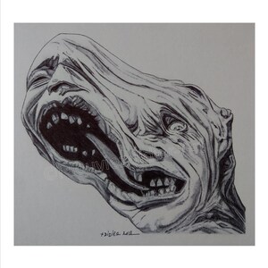 May include: A black and white pen and ink drawing of a monstrous creature with two faces, both with open mouths and teeth. The creature is depicted in a contorted and grotesque manner. The drawing is signed "Didier 2012".