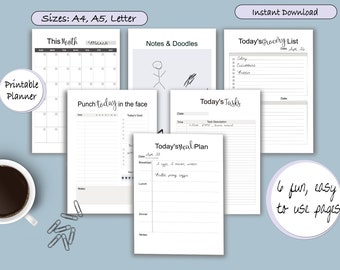 Today's Plan, Daily Meal Planner Download, Printable Planner PDF, Letter Size, A4, A5, Downloadable Grocery List, Digital Note Pad