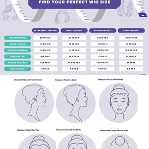 May include: A chart with instructions on how to measure your head for a wig. The chart shows different wig sizes and the corresponding measurements in inches for circumference, front to back, across forehead, over the top, around the back, and nape of neck.