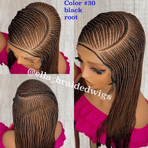 May include: A long, straight, black and brown braided wig with a black root. The wig is styled in a  pattern with a side part. The wig is on a mannequin head. The text "Color #30 black root" and "@ella_braidedwigs" is visible in the image.
