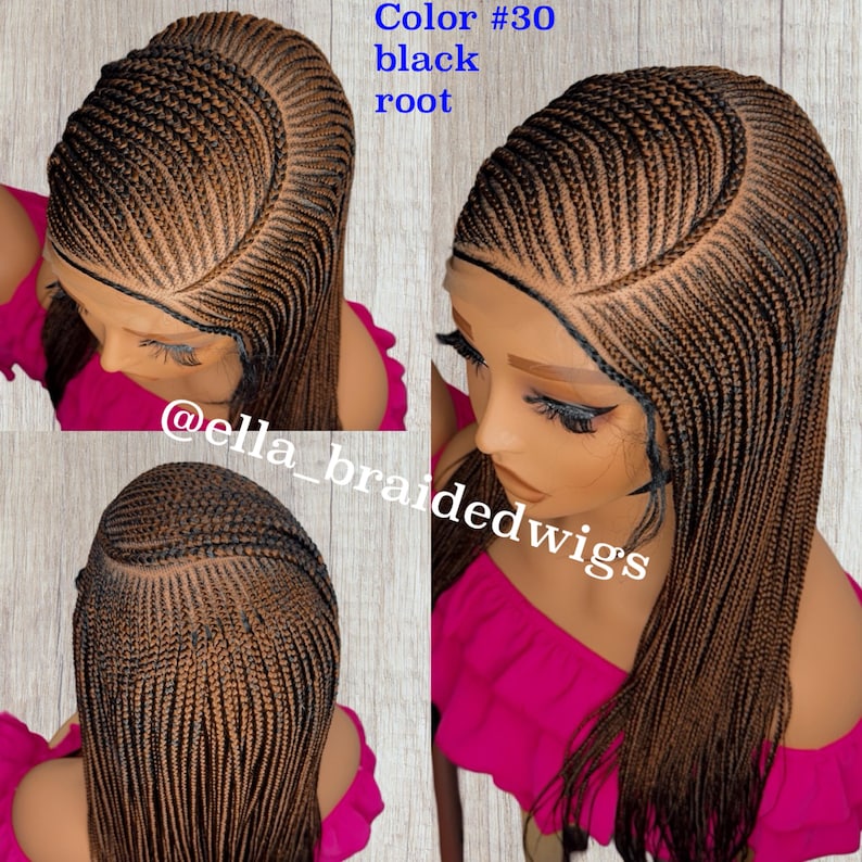 May include: A long, straight, black and brown braided wig with a black root. The wig is styled in a  pattern with a side part. The wig is on a mannequin head. The text "Color #30 black root" and "@ella_braidedwigs" is visible in the image.