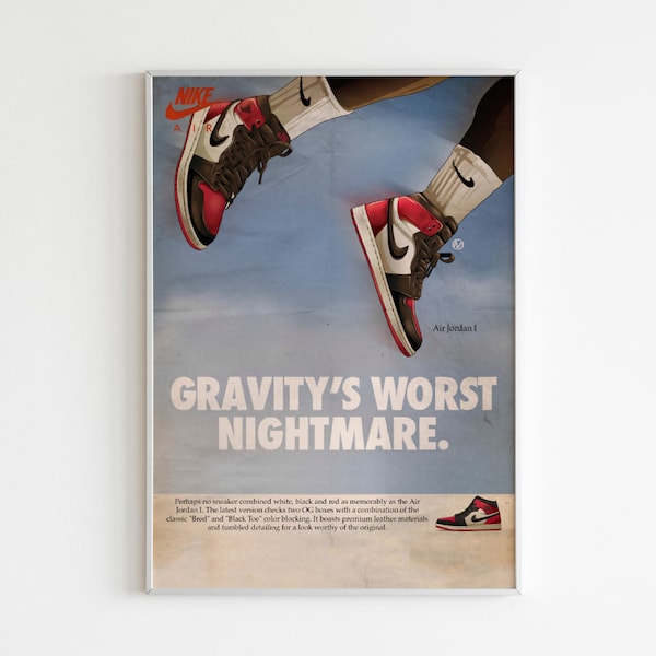 Affiche publicitaire Nike Air « Le pire cauchemar de la gravité », impression de chaussures Style des années 90, art mural publicitaire vintage, publicité rétro de magazine