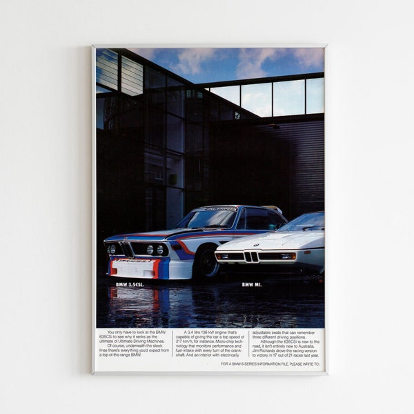 Poster pubblicitario BMW, stampa BMW M-Style degli anni '90, design vintage, arte da parete per annunci di corse, pubblicità retrò su rivista