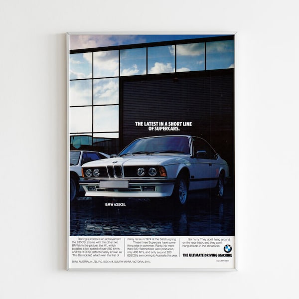 Cartel publicitario de BMW, impresión estilo BMW M de los años 90, diseño de revista vintage, arte de pared de anuncios de carreras, anuncio retro de revista