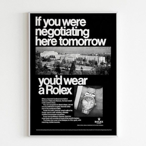 Rolex Oyster Watch Advertising Poster, 80's Style Print, Vintage Design Magazine, Ad Wall Art, Ad Retro Advertisement