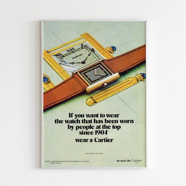 Affiche publicitaire de montre Cartier, impression style années 70, magazine de design vintage, art mural publicitaire, publicité rétro, affiche de mode de luxe