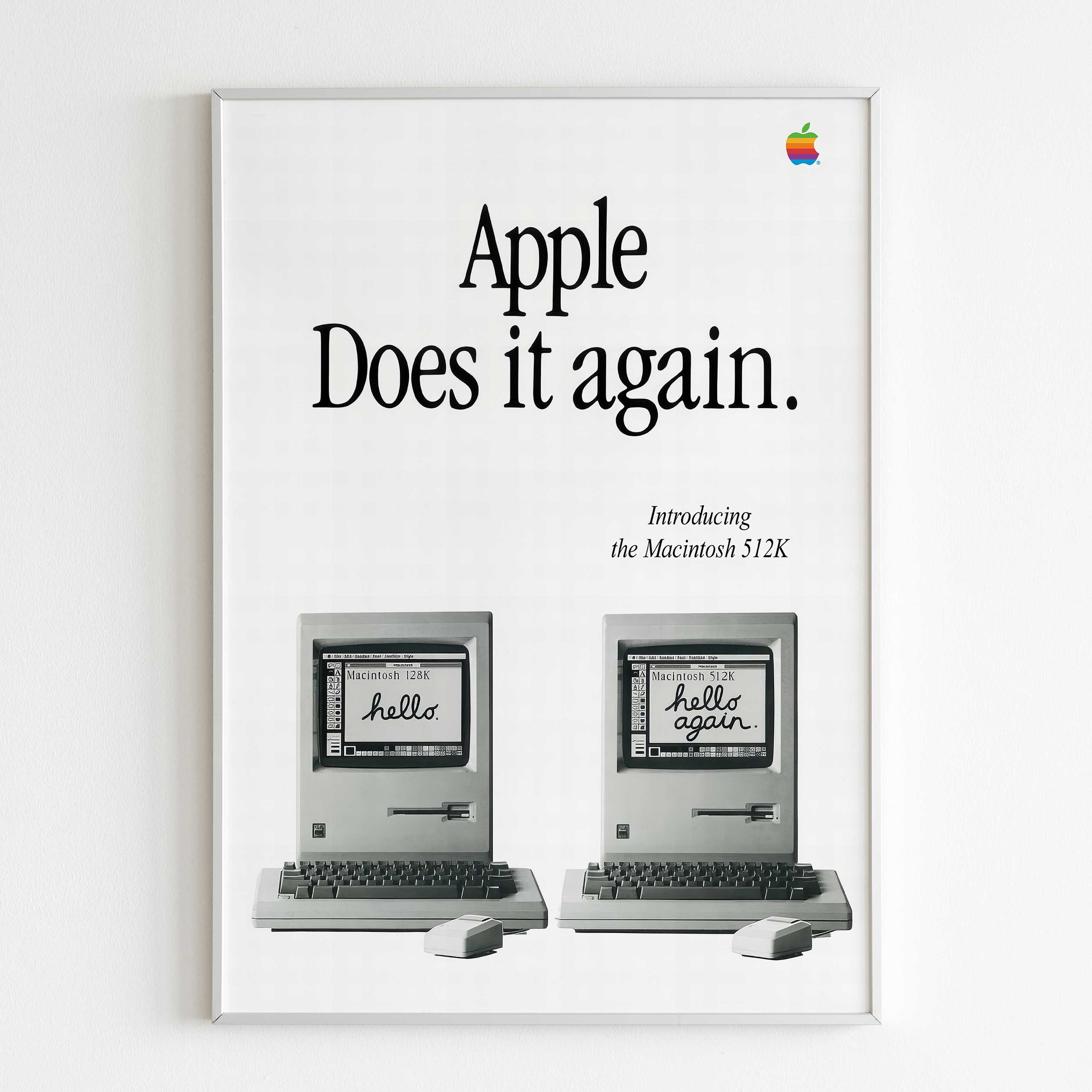 Apple「Does It Again」Macintosh 512K 広告ポスター、90 年代の Apple「Does It Again」Macintosh 512K 広告ポスター、90 年代の