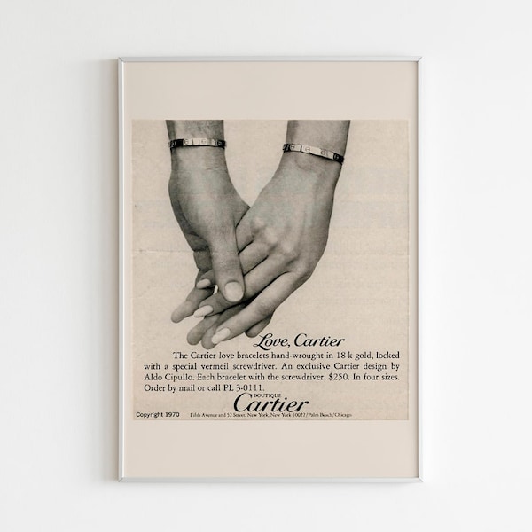 Affiche publicitaire Cartier, impression style années 70, art mural publicitaire, magazine de design vintage, publicité rétro, affiche mode de luxe
