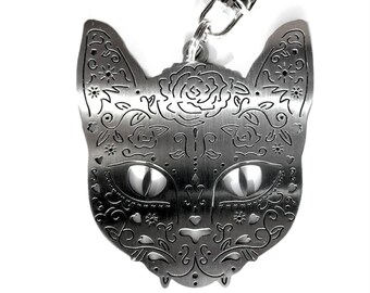 Flower cat keychain, Mexican style charm, Present for Cat lovers, Kitty skull metal keyring ready for gift, Stainless steel laser cut