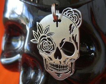 Flower Skull Choker: Stainless Steel Calavera Pendant, Mexican style Jewelry