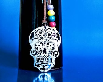 Sugar skull pendant Leather choker, Calavera charm necklace, Metal jewelry, Stainless steel laser cut accessory