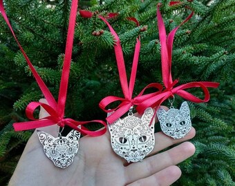 Cat ornament, Metal home decor for animal lovers, Mexican style accessory, Flower kitty charm, Cat pendant