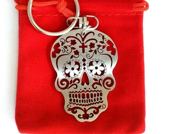 Day of the Dead Floral Sugar Skull Handmade 3D Keychain Macrame Metal Keyring