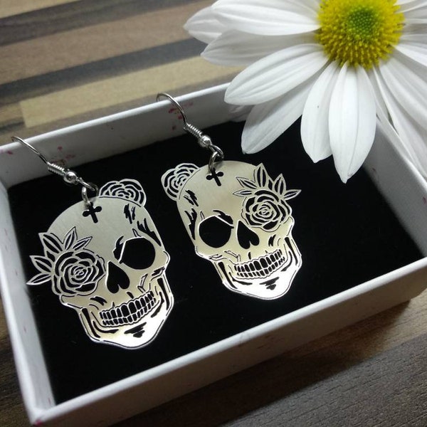 Sugar Skull drop earrings, Flower calavera charm earrings, Mexican style accessory, Metal jewelry