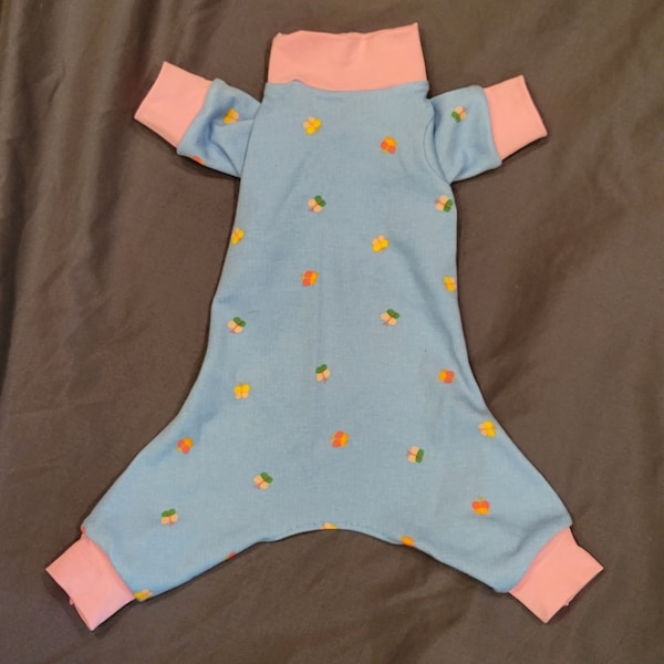 Light Blue Stretch Cotton Blend (looks like denim) With Tiny Multicolor Butterflies Pjs/Onesie/Jammies. Custom Sizing Available