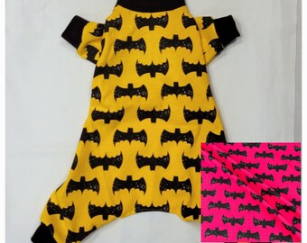 Brightly Colored W/ Black Bats. Yellow Cotton Thicker Jersey Knit Fabric (pink is lightweight jersey) Pjs/One piece/Jammies. Custom Offered