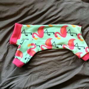 May include: Green fleece dog pajamas with a pink flamingo print.