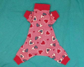 Adorable Pink W/Red, White And Dark Teal Hearts. Cotton Blend Knit Jammies/PJ's/Onesie. Several Trim Colors ..Custom Sizing Available