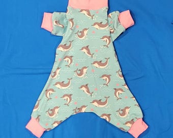 UV Protective 50+ Gray Dolphins On Bright And Beautiful Aqua/Teal Stretchy Cotton Spandex Pjs/One piece/Jammies. Custom Sizing Offered