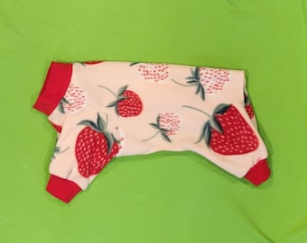 Pink Fleece With Large Red Strawberries And White Pineberries Jammies/PJ's/One piece. Stretch Knit Cuff And Collar.  Custom Sizing Offered