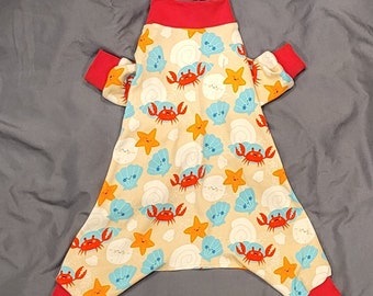 UV Protective 50+ ADORABLE Bright Beach Scene w/ Crabs And Seashells. Stretchy Cotton Spandex Pjs/One piece/Jammies. Custom Sizing Offered